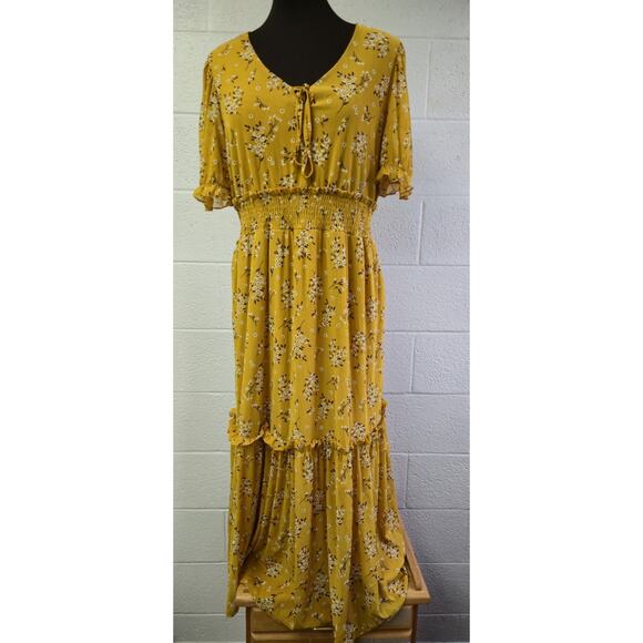 Sirenlily 3/4 Sleeve Maxi Floral Dress XL Yellow Lined Smocked Waist Tiered - Picture 6 of 7